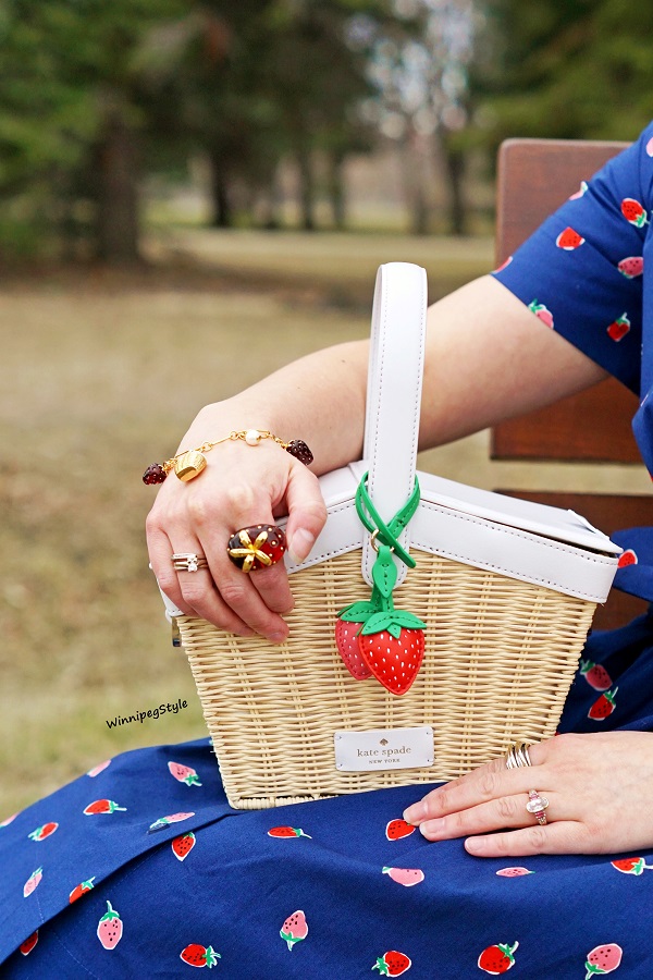 Winnipeg Style, Canadian fashion blog, Kate Spade picnic in the park basket bag purse, Kate Spade strawberry printed cotton dress, Kate Spade strawberry picnic charm bracelet, Kate Spade tutti fruity strawberry ring, modern vintage spring summer outfit